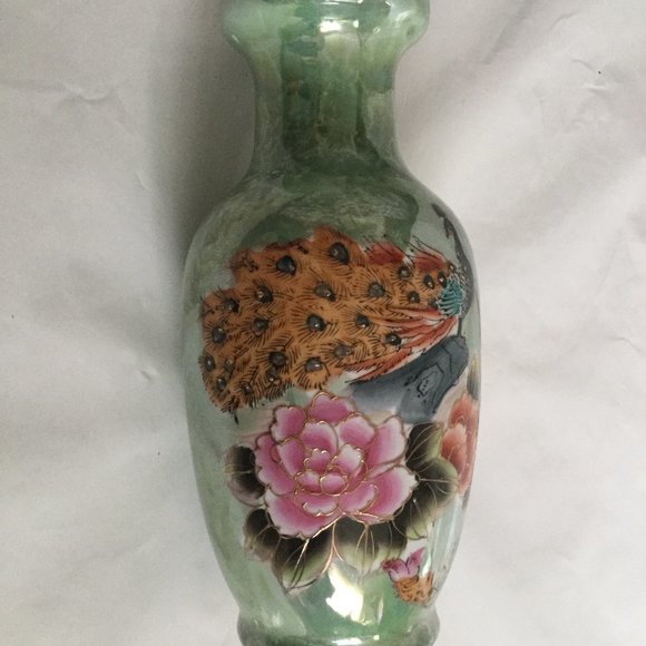 Beautiful ceramic vase green luster ware floral pink flower peacock 12" tall - Picture 3 of 7